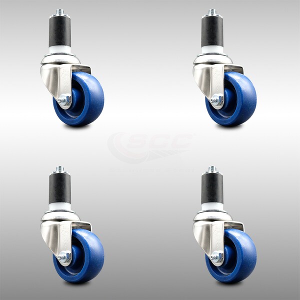 3 Inch 316SS Solid Polyurethane Swivel 1-1/2 Inch Expanding Stem Caster Set SCC